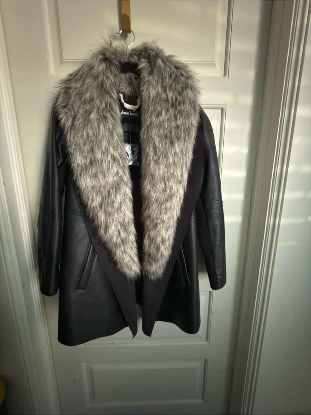 dennis basso Black Faux Leather Coat with Gray Faux-Fur Shawl Collar